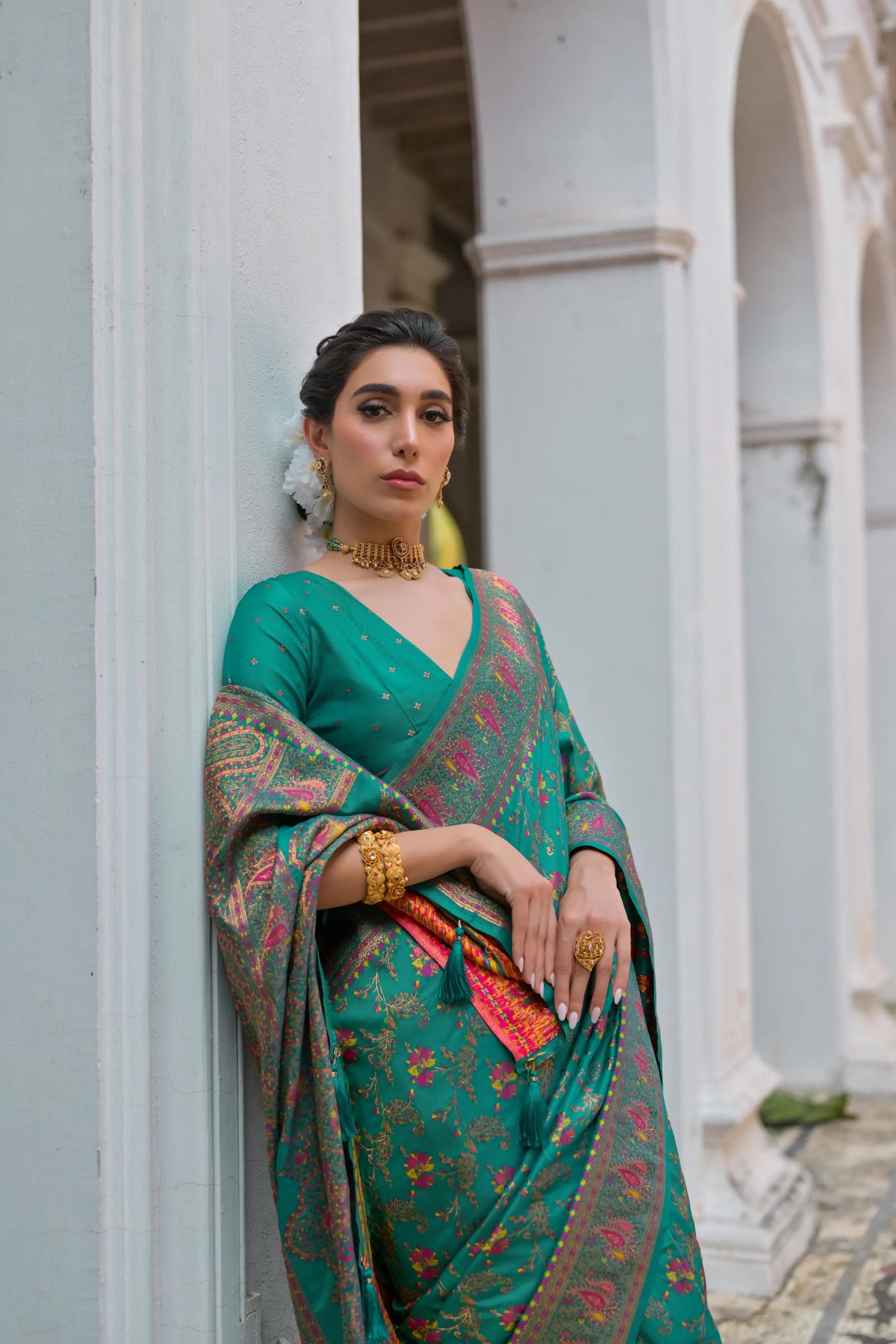 Deep Teal Zari Work Soft Pashmina Silk Saree